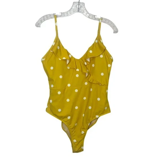 Beach Joy One-Piece Swimsuit Tie Back Polka Dot Ruffled Yellow Size Medium - Picture 2 of 12